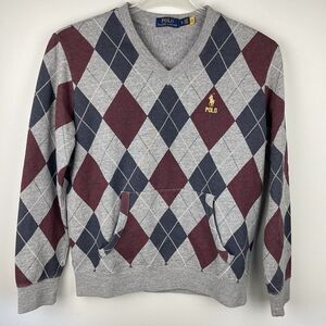 Polo Ralph Lauren Argyle Print Fleece Sweatshirt Sweater Men’s Small Gray Preppy